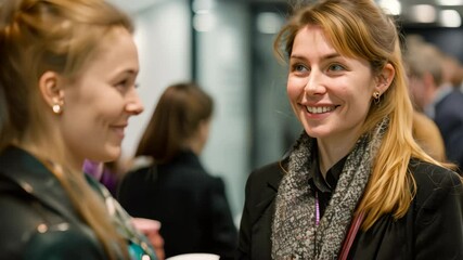 Canvas Print - A couple of women standing together, engaged in networking conversation at a corporate event, Colleagues networking over coffee at a corporate event