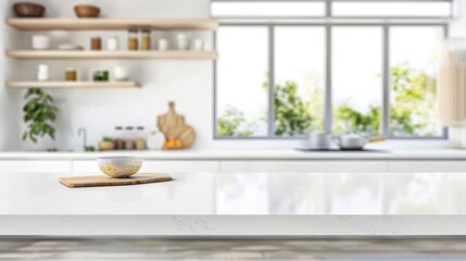 Wall Mural - Empty white marble table top and blurred kitchen background, product display montage