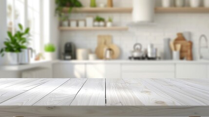 Wall Mural - Empty white marble table top and blurred kitchen background, product display montage