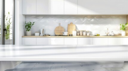Wall Mural - Empty white marble table top and blurred kitchen background, product display montage
