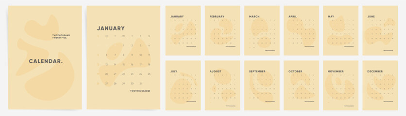 Wall Mural - 2025 Calendar template design. Week starts on Sunday aesthetic calendar. Desktop planner 2025 in simple clean style. Corporate or business calendar. English vector calendar layout.