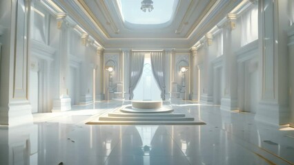 Wall Mural - White Walls and Marble Floors in a Spacious Room, Combine elements of neoclassical architecture with modern technology to create a futuristic interpretation of the style