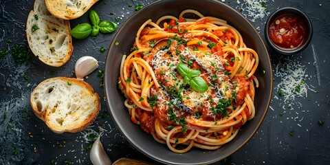 Canvas Print - Top view of eggplant parmesan spaghetti with garlic bread and marinara. Concept Food Photography, Italian Cuisine, Vegetarian Recipe, Dinner Idea, Culinary Presentation