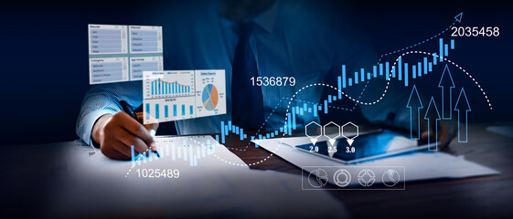 Wall Mural - A businessman utilizes a tablet to analyze sales data, financial reports, and business growth graphs, focusing on digital marketing planning, strategy, financial reports, and investment concepts.