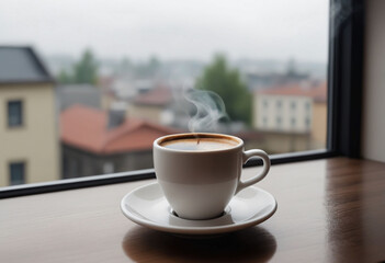 A cup of hot espresso coffee steaming on a windowsill during a cloudy day. Concept of comfort and tranquility