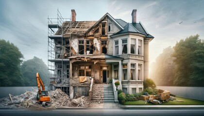 creatively merges a before and after view of a house renovation in a photorealistic style