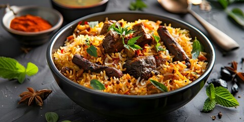 Canvas Print - Indian biryani dish with basmati rice meat and spices popular during Ramadan. Concept Food, Indian Cuisine, Biryani, Basmati Rice, Ramadan