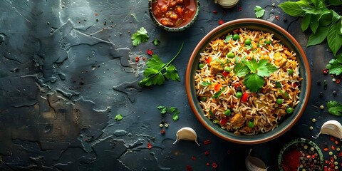 Wall Mural - Vibrant photo of spicy Indian biryani on dark background capturing aromatic flavors. Concept Food Photography, Indian Cuisine, Vibrant Colors, Aromatic Flavors, Dark Background