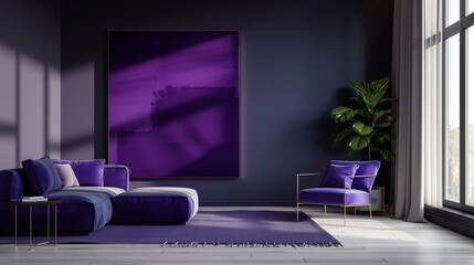 Wall Mural - A luxurious living room with a minimalist aesthetic, featuring a single, bold piece of minimalist art in a deep purple hue