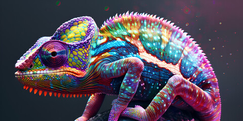 beautiful chameleon It is sitting on a rock The chameleon is colorful and has a patterned body.