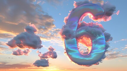 Wall Mural - Iridescent Clouds Forming Surreal 3D Number 6 in Sunset Sky