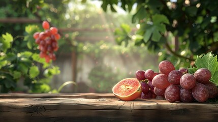 Wall Mural - Grapes and a Slice of Watermelon on Wooden Table in a Garden