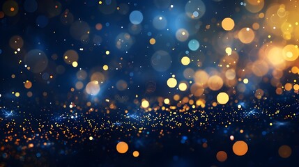 abstract background featuring gold and dark blue particles. Christmas Golden light particles bokeh against a background of navy blue