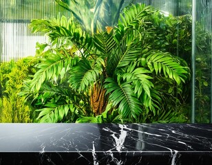 Wall Mural - Luxurious Display: Black Marble Table and Tropical Plant Behind Glass
