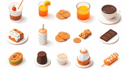 Sticker - D icon set pictogram in top angle perspective ( icons are as follows: chocolate, cookies, juice, yogurt, ice cream