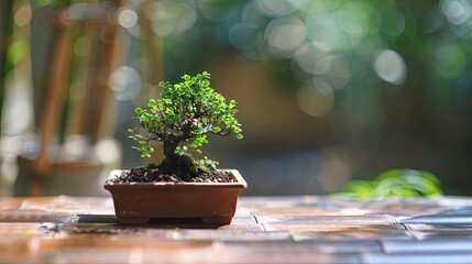 Wall Mural - Miniature Bonsai Tree: A close-up shot of a tiny bonsai tree in a rectangular brown pot, resting on a rustic wooden table.