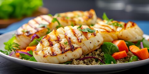 Wall Mural - Healthy Grilled Calamari Steaks with Quinoa Salad and Roasted Vegetables. Concept Grilled Calamari, Quinoa Salad, Roasted Vegetables, Healthy Eating, Seafood Recipe