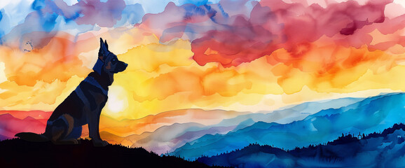 Wall Mural - watercolor black German Shepherd silhouette against colorful sky with clouds at sunset, 