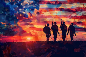 Wall Mural - Memorial Day background pattern with silhouette of soldiers at sunset.