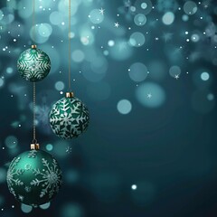 Wall Mural - Beautiful green Christmas balls greeting card with copy space. Christmas card on dark teal background with hanging snowflakes. Minimalist Christmas card, Christmas background.