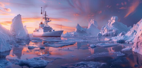 Polar white icebreaker ship navigating through icebergs at dusk, copy space for text on the left.
