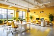 © Adisorn - A modern office space with yellow walls and white furniture. the office is bright and airy, with large windows and plenty of plants.