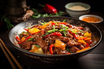 Wall Mural - Photography of sweet and spicy ginger beef stir-fry with vegetables