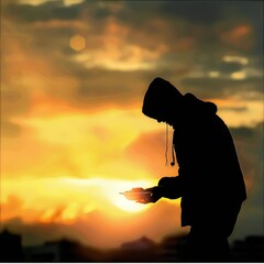 Radiant silhouette of a person distributing food to the homeless.