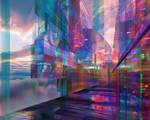 Poster - A futuristic holographic composition showcasing innovative holographic architecture merging seamlessly, depicting advanced technology and modern design elements