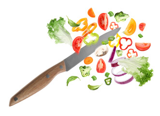 Wall Mural - Knife cutting different vegetables in air on white background
