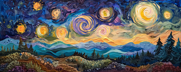 Wall Mural - A Van Gogh-inspired painting of a starry night sky over a rolling countryside, with swirling brushstrokes and vibrant colors.