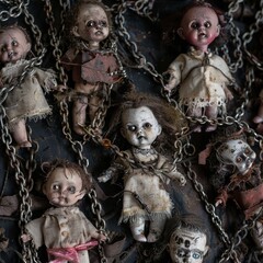 Poster - Top-Down Shot of Creepy Dolls and Chains for Halloween Decor