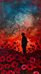 Canvas Print - a painting of a man standing in a field of red poppies