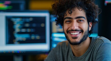 A smiling Middle Eastern male software developer sitting in front of his computer with code on the screen, wearing casual and curly black hair, in an office background.