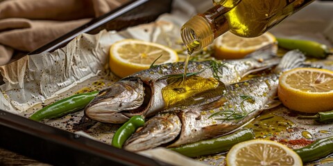 Wall Mural - Hand-Pouring Olive Oil over Whole Fish with Lemons and Green Peppers on Grill Tray: Capturing Summer Party, Gathering, Team Building, and Holiday Feast Concepts. AI-Generated High-Resolution Wallpaper