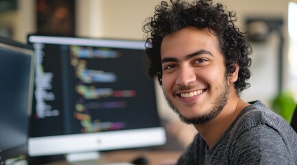 a smiling middle eastern male software developer sitting in front of his computer with code on the s