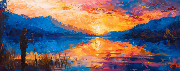 Wall Mural - A painter capturing the vibrant colors of a sunset over a tranquil lake, the sky painted in hues of orange and pink.