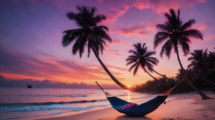 A remote, exotic beach at sunset. A hammock is strung between two palm trees, and in the distance, a small boat is anchored near the shore. The sky is ablaze with hues of orange, pink, and purple.