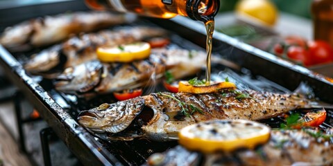 Wall Mural - Pouring Beer into Lemon Grilled Fish Tray at Summer Party: Capturing Beer Festival, Dinner, Colleague Team Building, and Holiday Feast Concepts. AI-Generated High-Resolution Wallpaper Background.