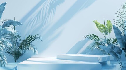 Sticker - white surface, surrounded by difference tropical plants and a minimal blue dreamscape