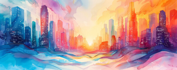 Wall Mural - A watercolor painting of a futuristic city nestled among towering skyscrapers, its vibrant colors and flowing lines creating a sense of wonder.