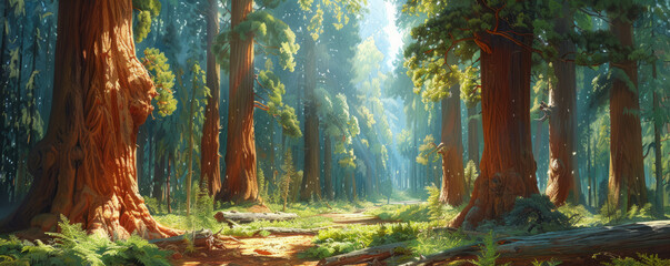 Sticker - Ancient sequoia forest with towering trees and filtered sunlight, woodland giants, arboreal wonder.