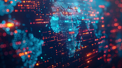 Poster - Digital world map, Africa and Asia, concept of global network and connectivity, high speed data transfer and cyber technology, business exchange, information and telecommunication