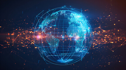 Poster - Digital world globe centered on America, concept of global network and connectivity on Earth, data transfer and cyber technology, information exchange and international telecommunicati