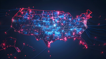 Poster - Digital map of USA, concept of American global network and connectivity, data transfer and cyber technology, electronic vote, information exchange and telecommunication
