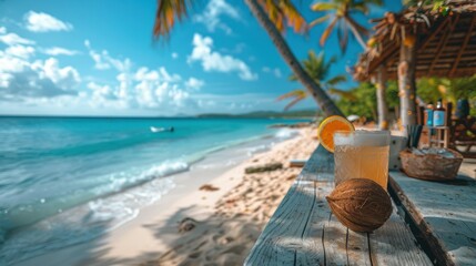 Wall Mural - cocktail with a straw on the bar counter. beach with white sand and palm trees