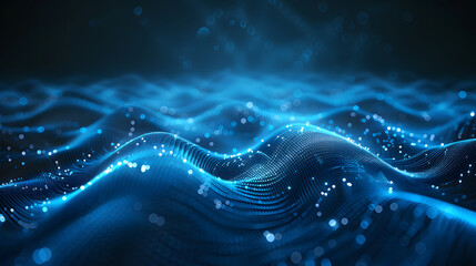 Poster - Abstract dark blue tech background with digital waves and artificial neural connections, quantum computing network system and electronic global intelligence