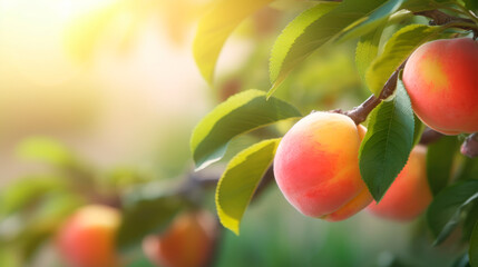 Wall Mural - Bunch of Orange Peach with leaf on green natural garden Blur background, Sweet Orange Peach fruit on a branch over Blur background