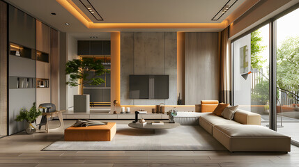 Poster - The interior of a living room designed with a Japandi style emphasizes simplicity, natural elements, and minimalism