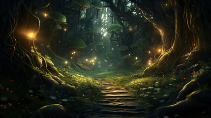 Wall Mural - magical enchanted woodland with fireflies and flowers